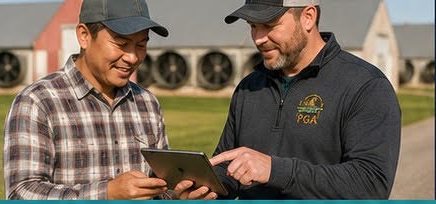 poultry house exterior, two growers reviewing their insurance coverage on a tablet