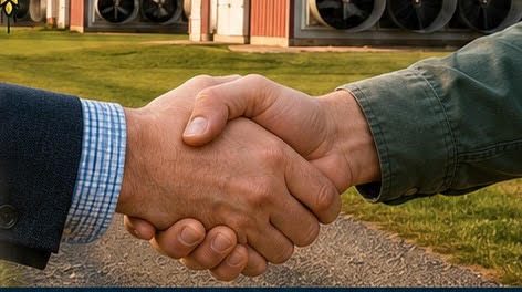 poultry house exterior, a banker and grower shaking hands on the farm drive